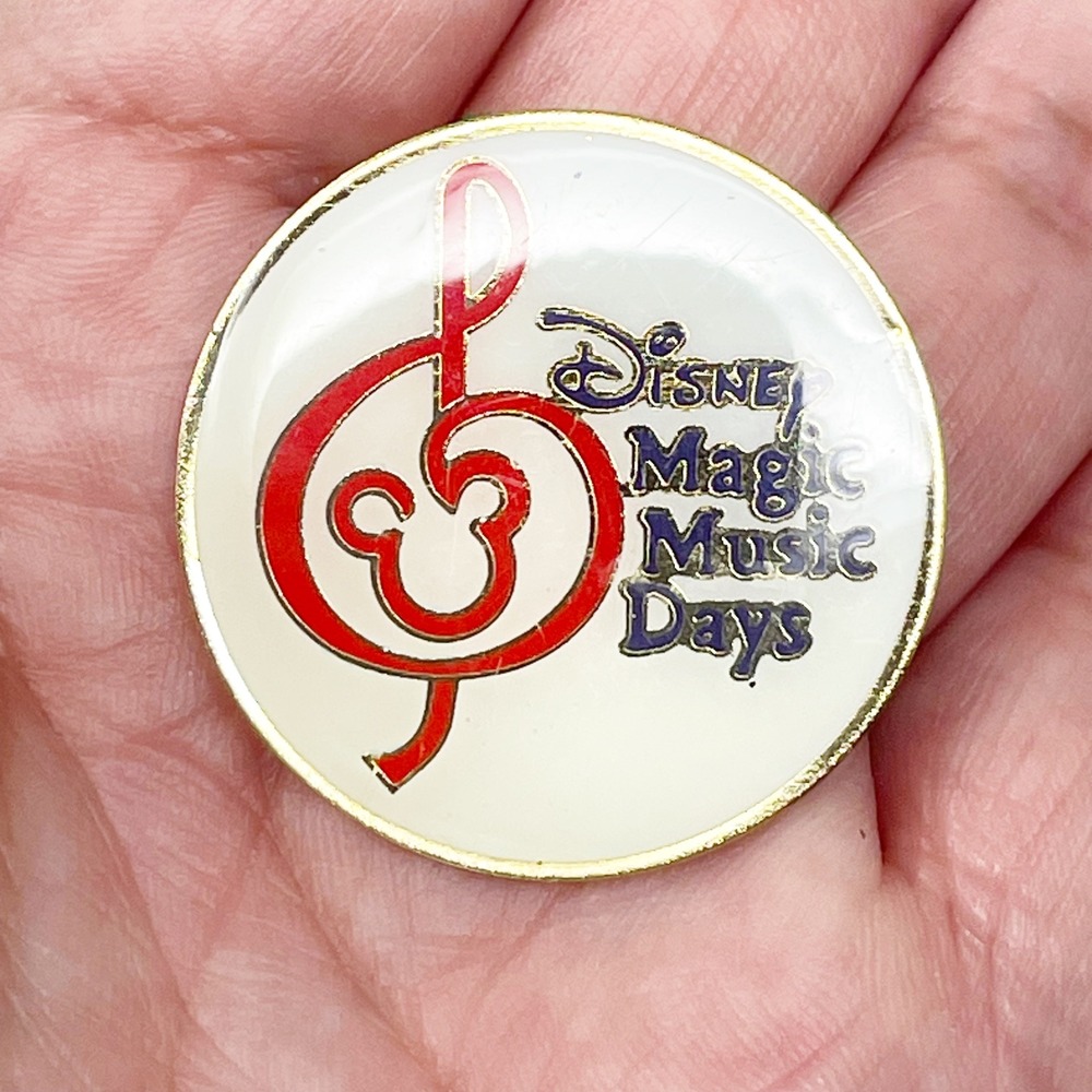 Vintage Disney Magic Music Days Pin White Red Treble Clef Mickey Band Round